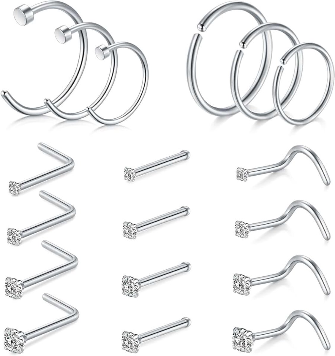 Neuspiercing, hypoallergeen, roestvrij staal, L-vormige neuspiercing, schroeven met zirkonia, neuspiercing, sieraden, 22G, 20G / 18G, 18 stuks of 24 stuks