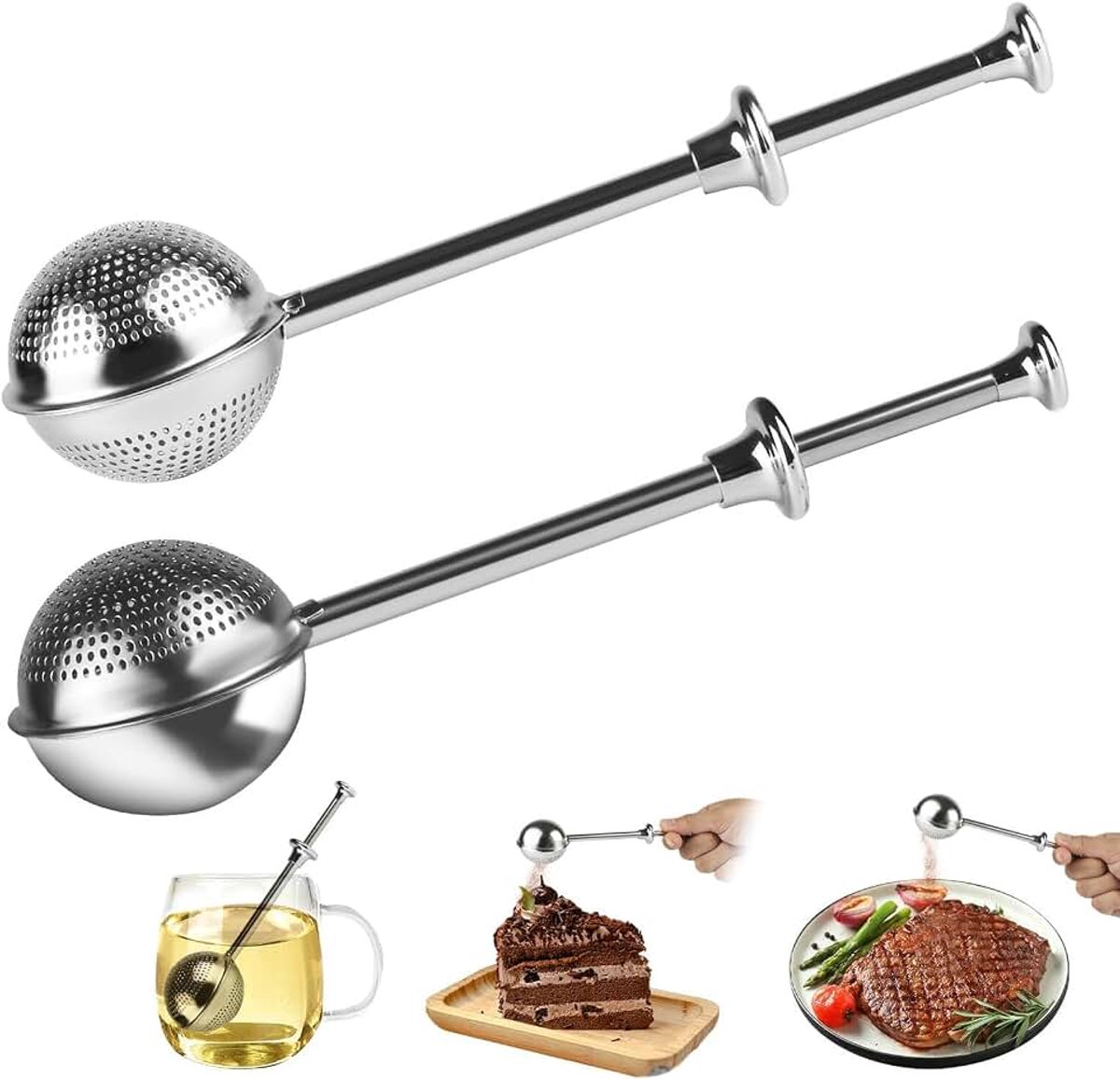 2 stuks theezeef voor losse thee, multifunctionele roestvrijstalen theezeef, voor losse thee, meel, specerijen, suiker, koffie, cacaopoeder (half gat en vol gat)