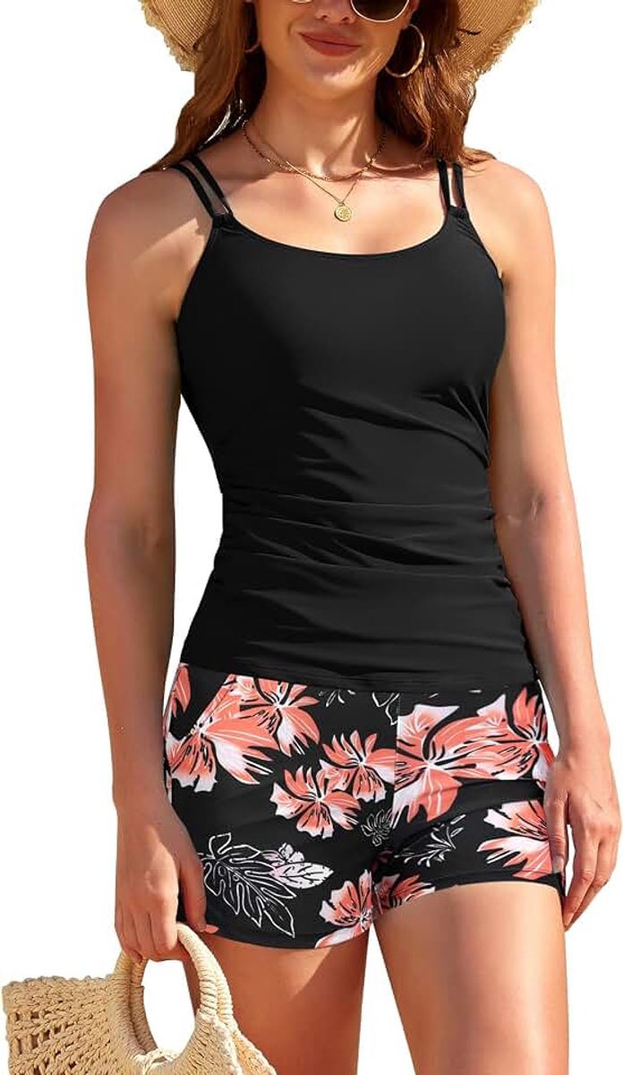 Tankini voor dames, tweedelig, buikweg-badpak met push-up-bovendeel en zwemshorts met zakken, badmode