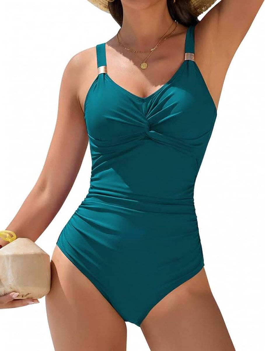 Badpak voor dames, sexy, push-up, eendelig, gedraaide knopen, V-hals, met metalen versieringen, badpak voor zwembad en strand