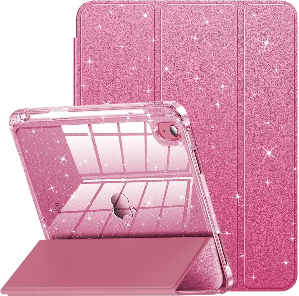 Compatibel met iPad A16 11e generatie 2025 hoesje, iPad-hoes 10e generatie 27,3 cm, glitterhoes met sprankelende heldere achterkant, potloodhouder, voor kinderen en meisjes (roze roze)