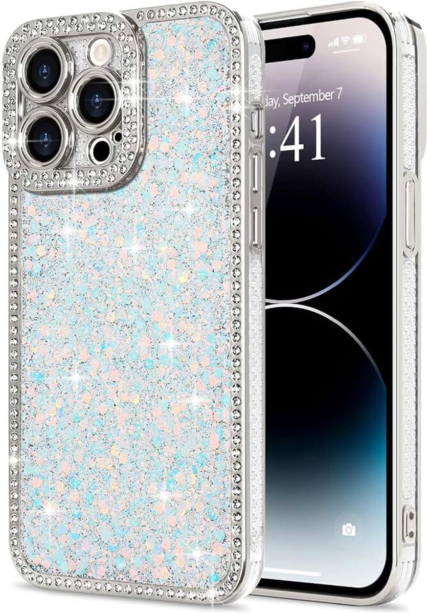 Lafunda voor iPhone 14 Pro Max Hoesje voor Vrouwen Meisjes, Luxe Bling Glitter Diamanten Kristal Festival Glanzende Camera Bescherming Schokbestendige Silicone TPU Telefoonhoes voor iPhone 14 Pro Max