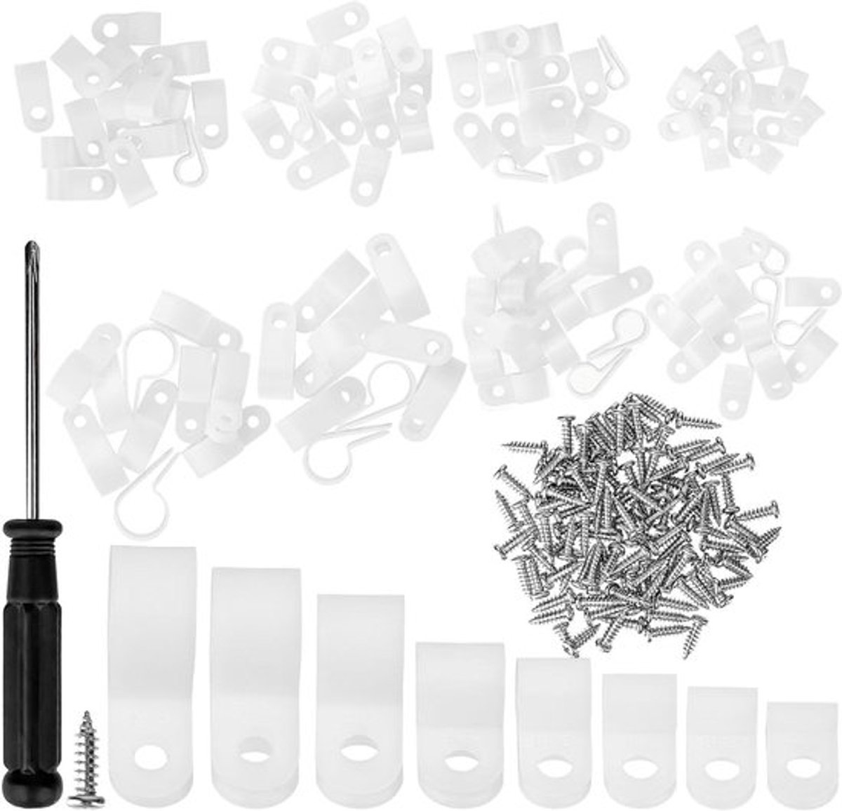Nylon Kabelhouder Set met Schroeven - 221 stuks in 8 maten - Wit