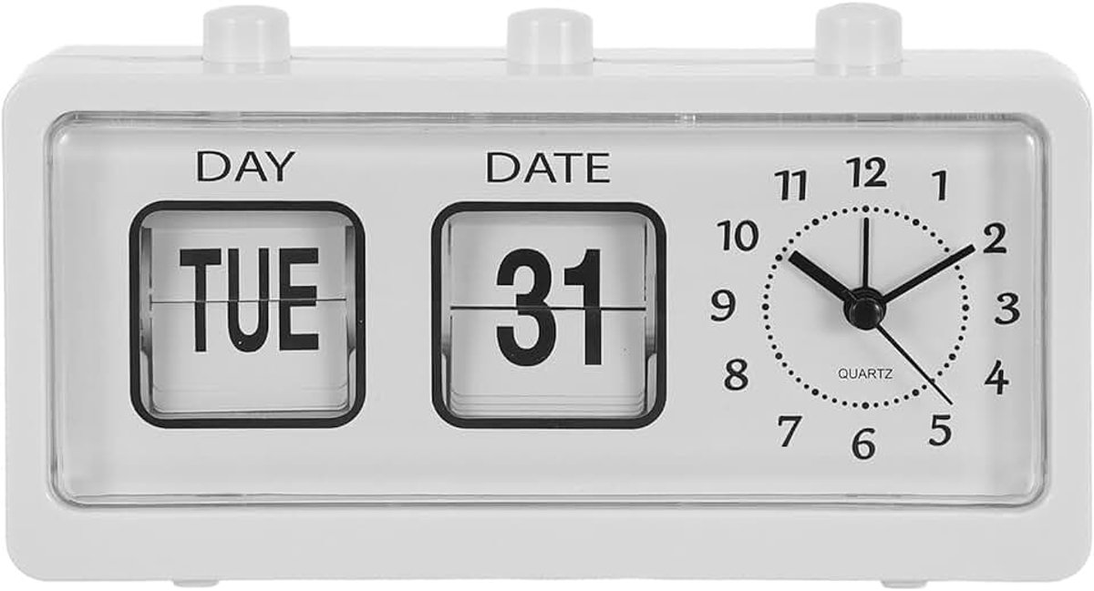 Retro flip-wekker met kalender, handmatige tafelwekker met alarm en instelbare datumweergave, mechanische klapklok zonder batterij voor kantoor, kinderkamer, bureau en studeerkamer