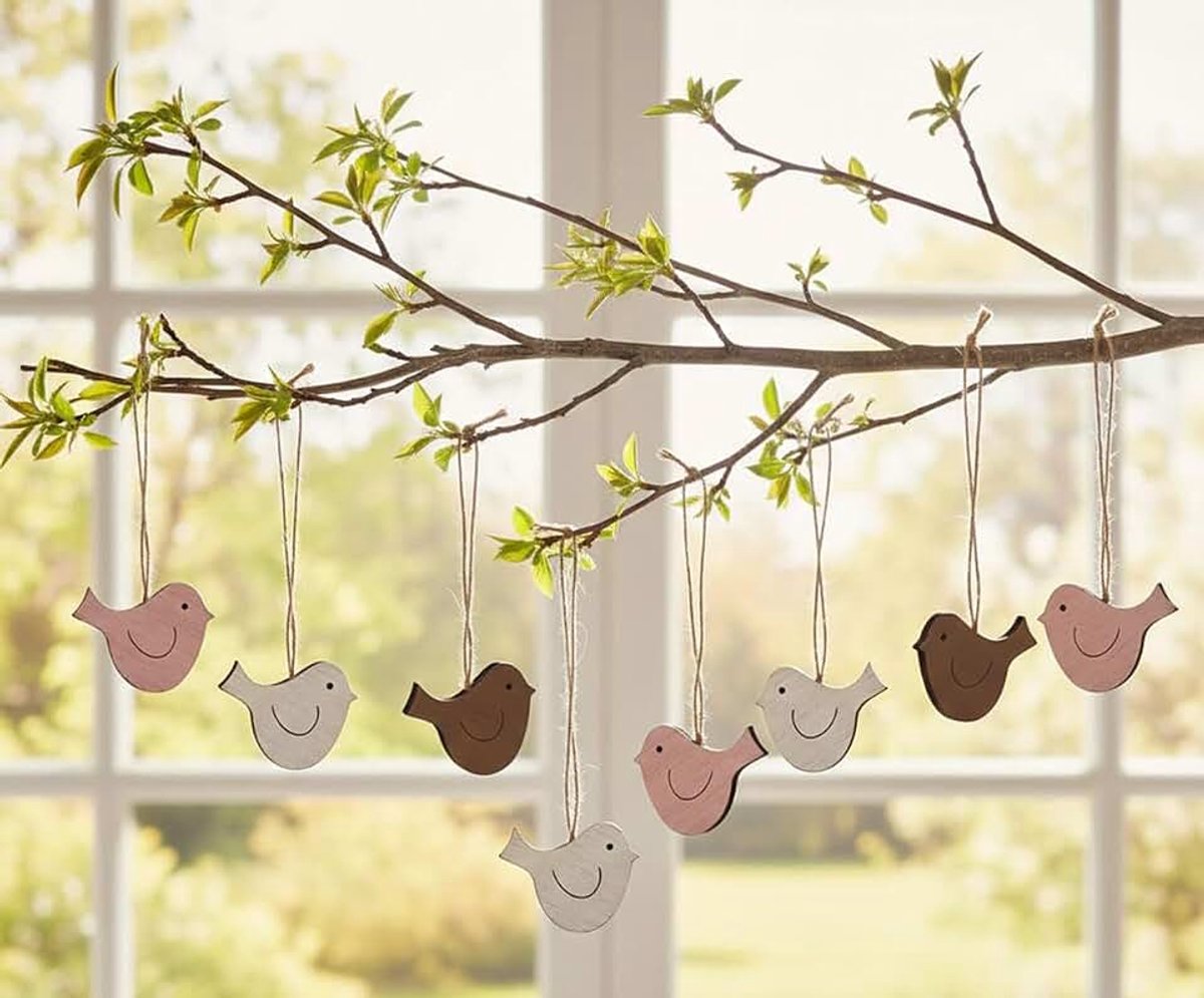 Set van 9 houten vogel hangers decoratieve hangers (set van 9 vogel hangers NEO)