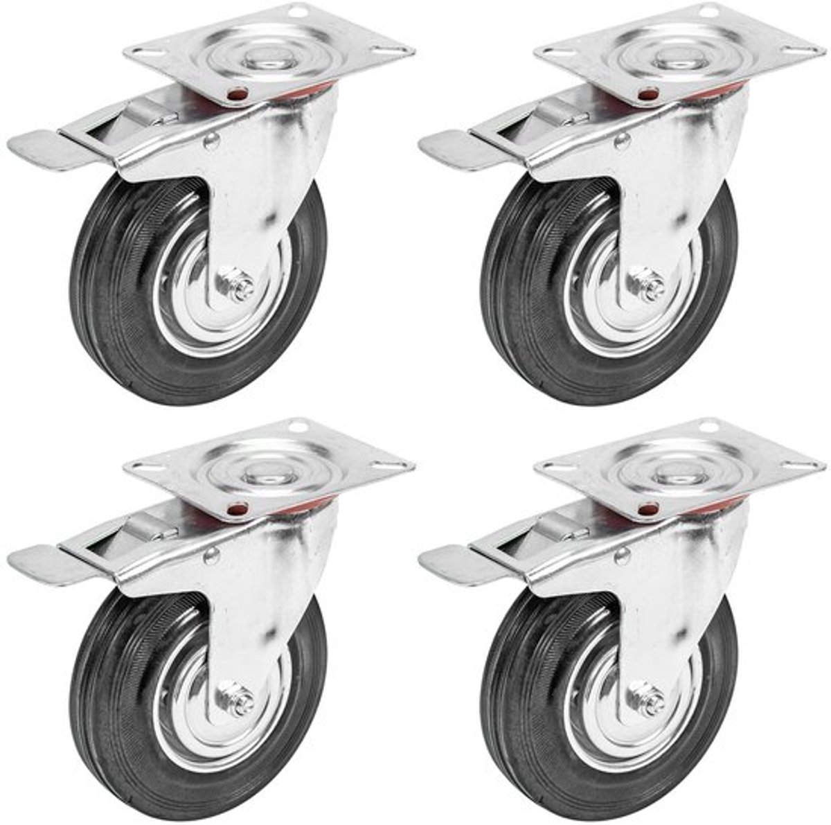 Zware Duurzame Rubber Wielen met Rem, Set van 4, 125 mm, Tot 400 kg, Ideaal voor Transport en Meubelwagens
