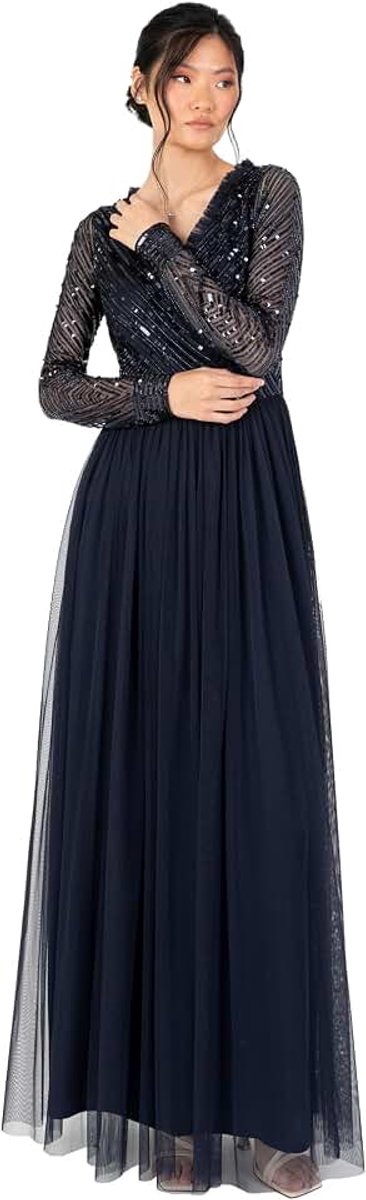 Deluxe Maxi-jurk voor dames, versierd met tule en V-hals, lange mouwen, voor bruiloft, gast, bruidsmeisje, gala, baljurk, marineblauw, 34