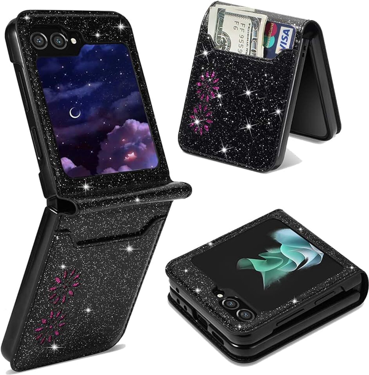 Portefeuille Hoesje voor Samsung Galaxy Z Flip 6 SF Zwart | Bling Glitter PU Lederen Flip Wallet Beschermhoesje, Kaarthouder, Ritsvak, Polsband, Case voor Samsung Galaxy Z Flip6