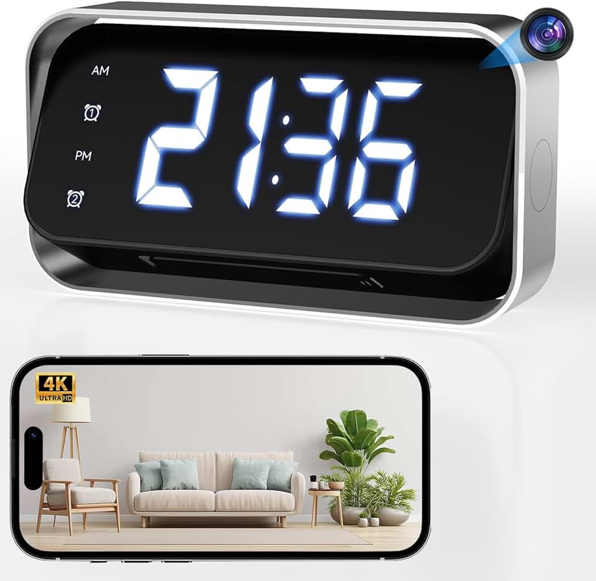 2K HD-spionagecamera met 150° groothoeklens, bewegingsdetectie en live streaming op afstand - Mini-beveiligingscamera voor thuis met ingebouwde wekker | nachtzicht, bewegingsdetectie, real-time streaming, app voor smartphone, draadloos