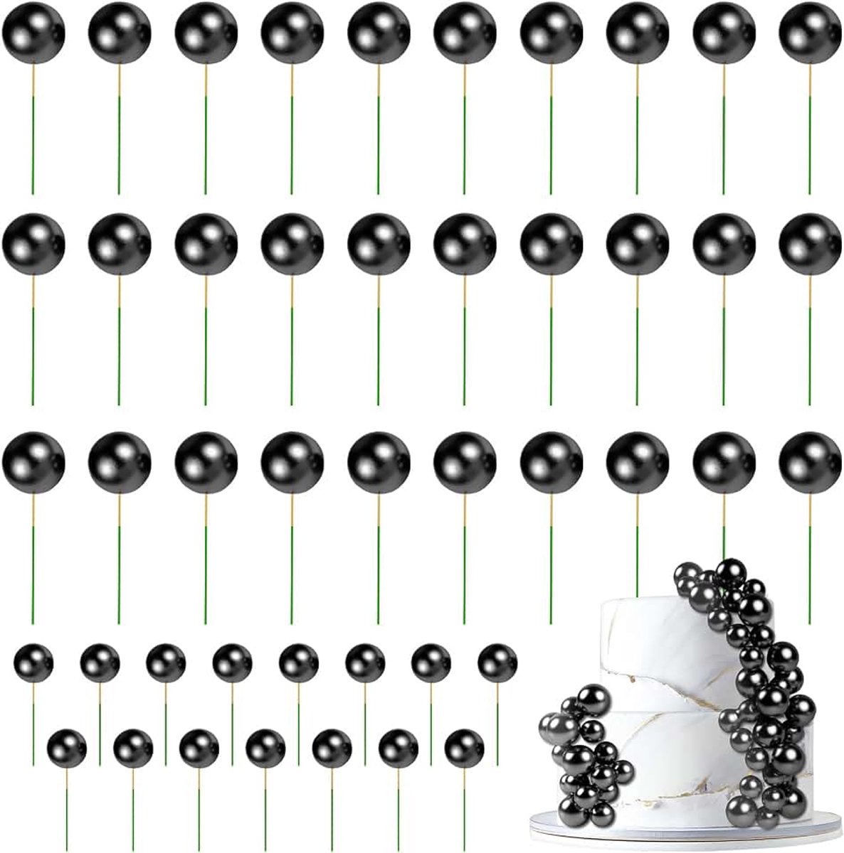 Topper Cake Ball, 45 stuks, decoratie voor cake, mini-ballon, taartsteel, ballen voor verjaardag, feest, bruiloft, staven voor taartdecoratie, zwart