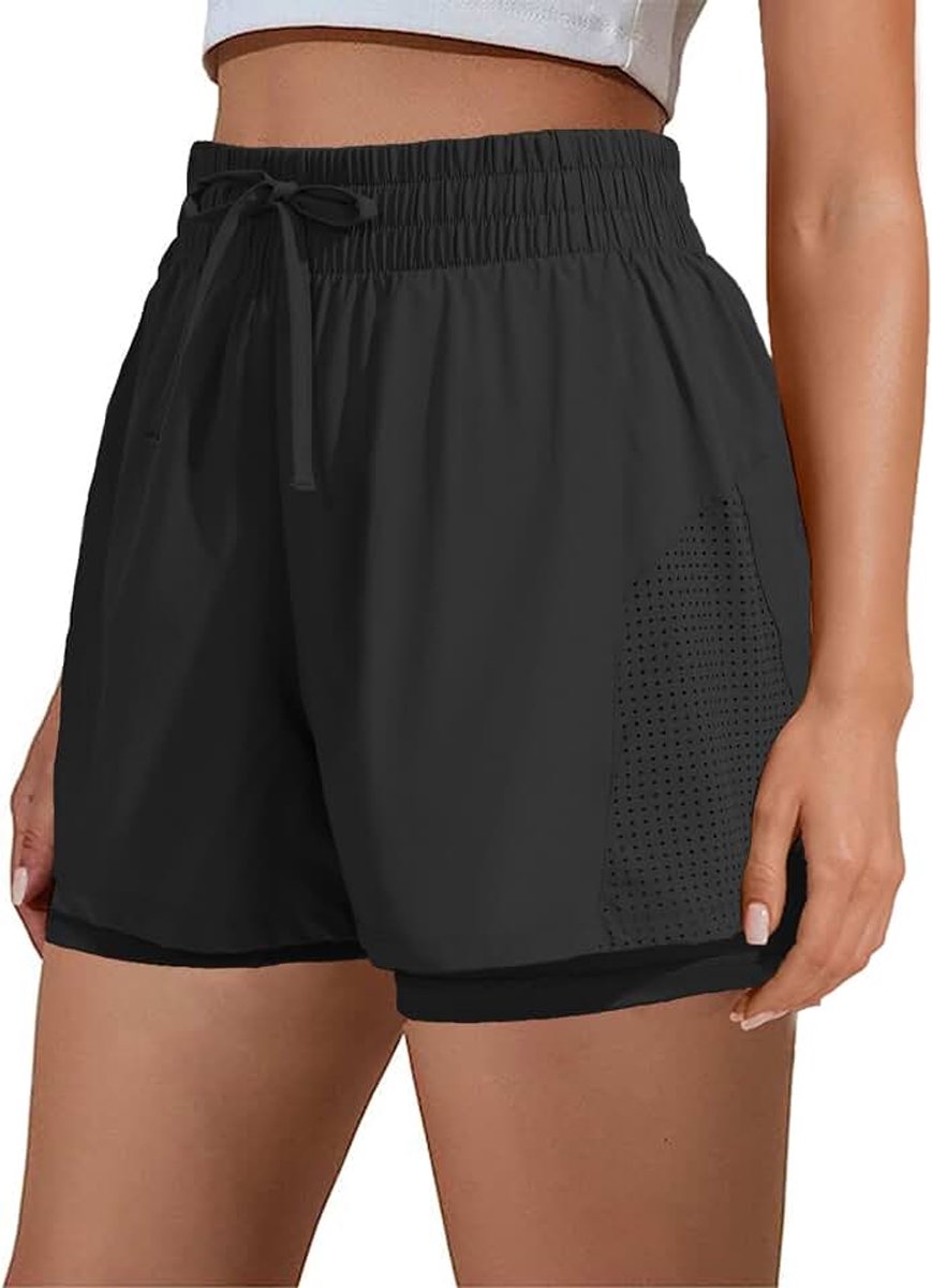 Sportbroek voor dames, korte 2-in-1 sportshorts met zakken, hoge taille, hardloopbroek voor dames, sneldrogende trainingsbroek, hardloopshorts, fitness, yoga, joggen
