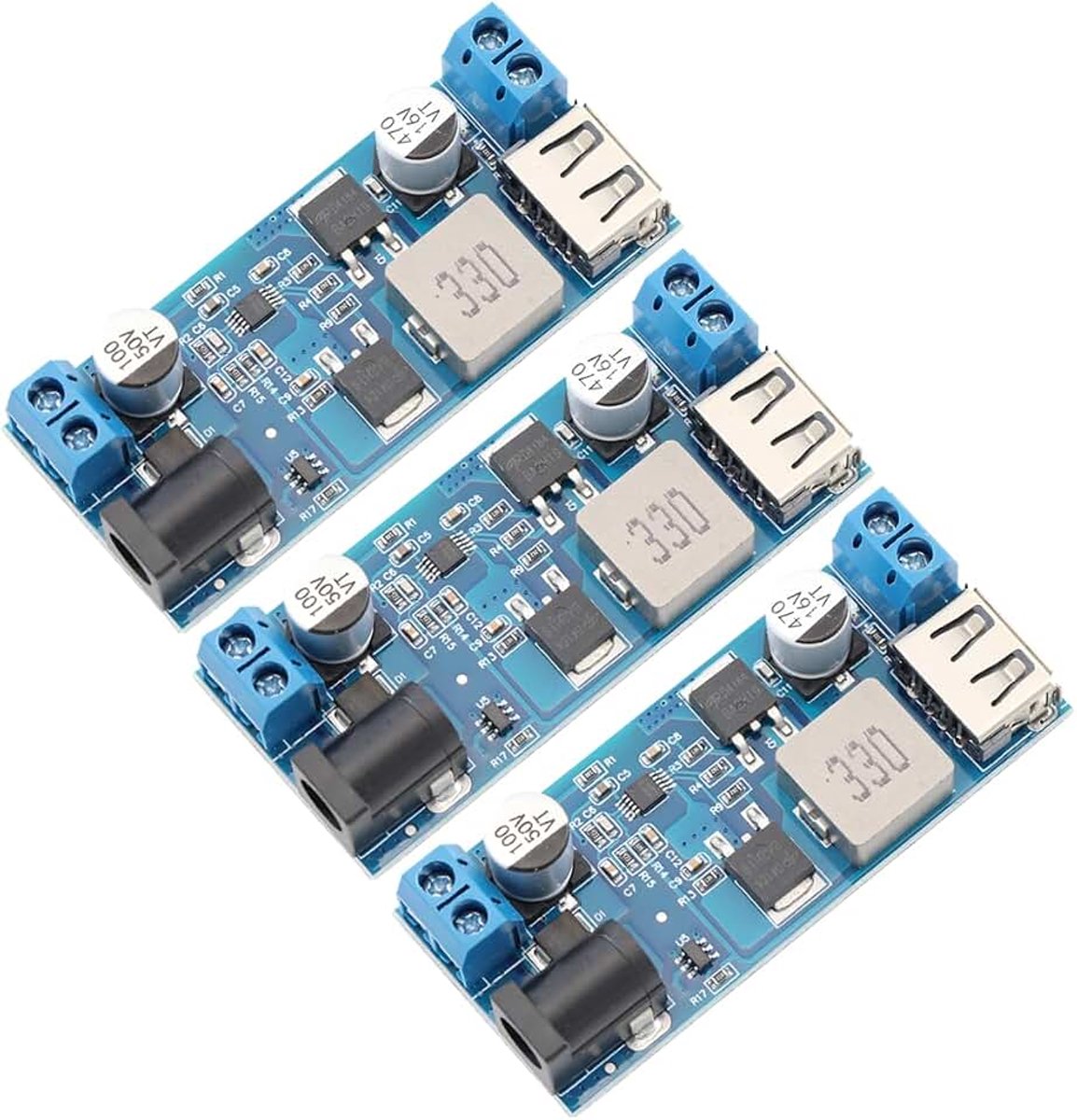 Buck Converter 24V/12V naar 5V Step-down convertermodule 5A Voedingsconverterprintplaat met USB-poort (Verpakking van 3)