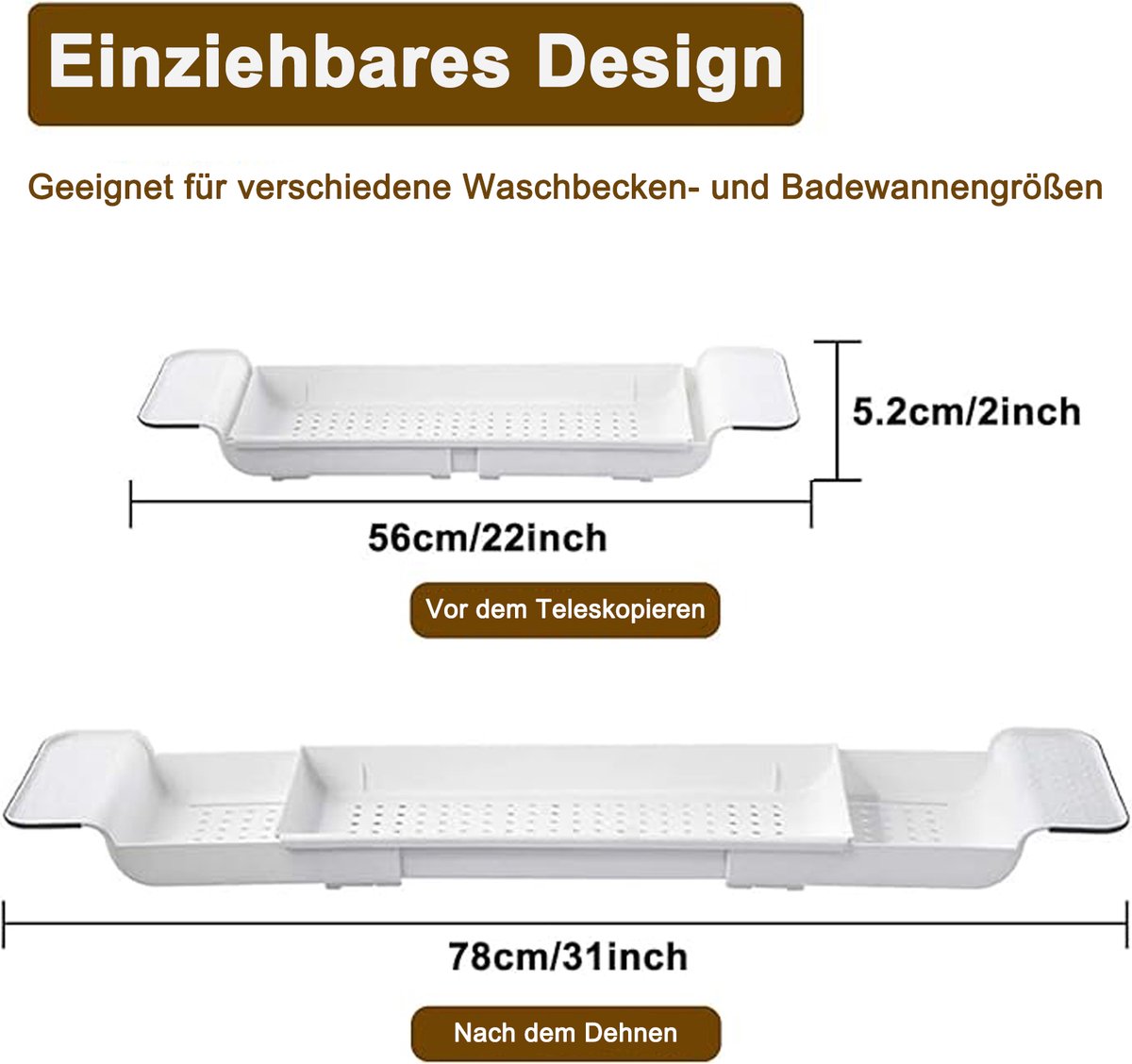 Wishdor Uitschuifbare Badplank - Badrekje met Afvoer - 56 tot 78 cm - Badkuiprek Wit - Multifunctioneel Vergiet voor Gootsteen - PP & TPR - Antislip