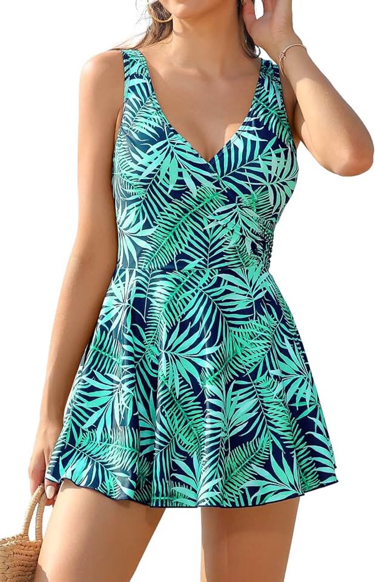Eendelig badpak voor dames, zwemrok, V-hals, buikweg, badjurk met shorts, zwemjurk voor vrouwen