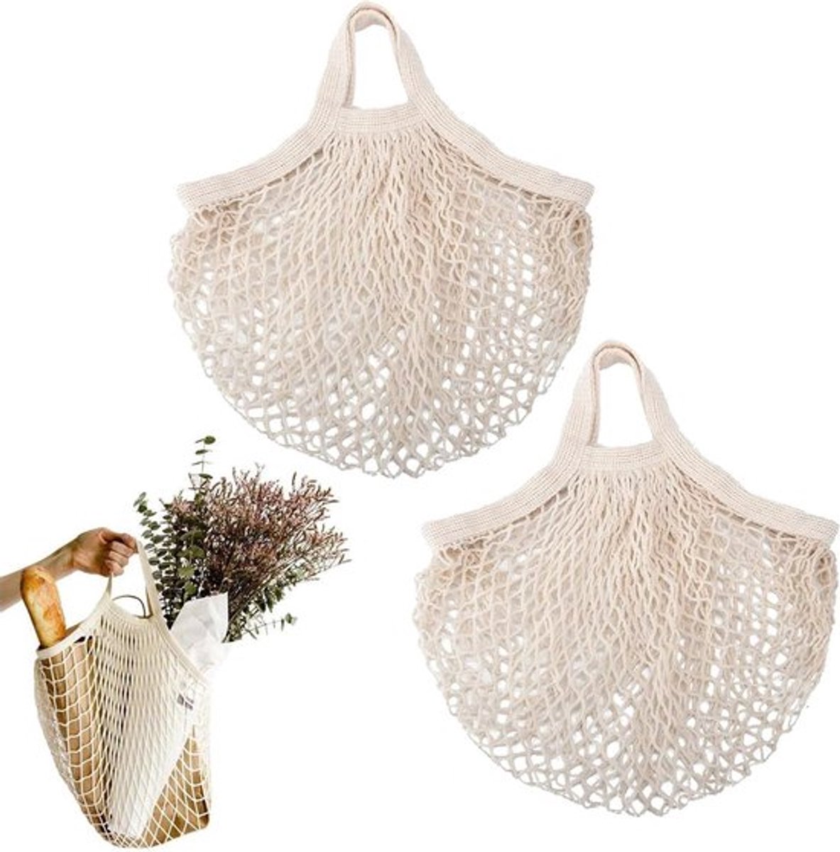 Herbruikbare nettassen katoen 30 x 35 x 10 cm 2 stuks beige eco vriendelijk duurzame tas shopper