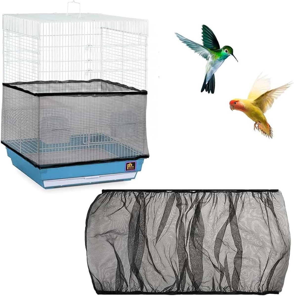 1 stuk kooiafdekking, universele vogelkooiafdekking, netafdekking voor papegaaien, verstelbaar, zacht nylon net, voor vogelkooi, omtrek 80-110 cm, zwart-S