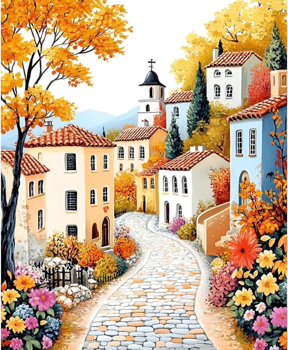 Mooi Dorp Schilderen Op Nummer voor Volwassenen, Kleurrijke Huizen Landschap DIY Olieverf Set voor Beginners 30x40cm