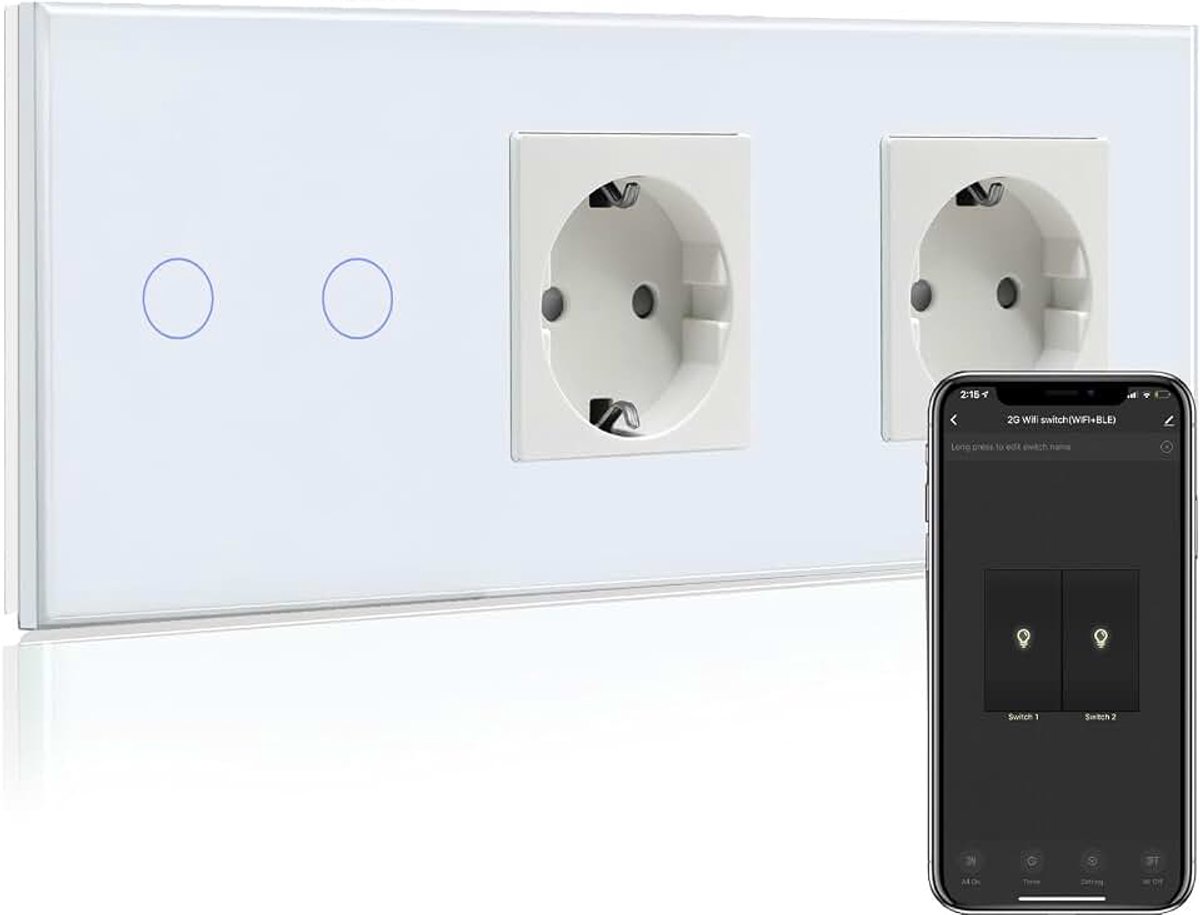 Dubbel Normaal Stopcontact met Slimme Lichtschakelaar Wit,2 Voudig WiFi Touch Achakelaar compatibel met Alexa en Google Home,APP-afstandsbediening,16A Schuko Stopcontact(vereist neutrale Draad)