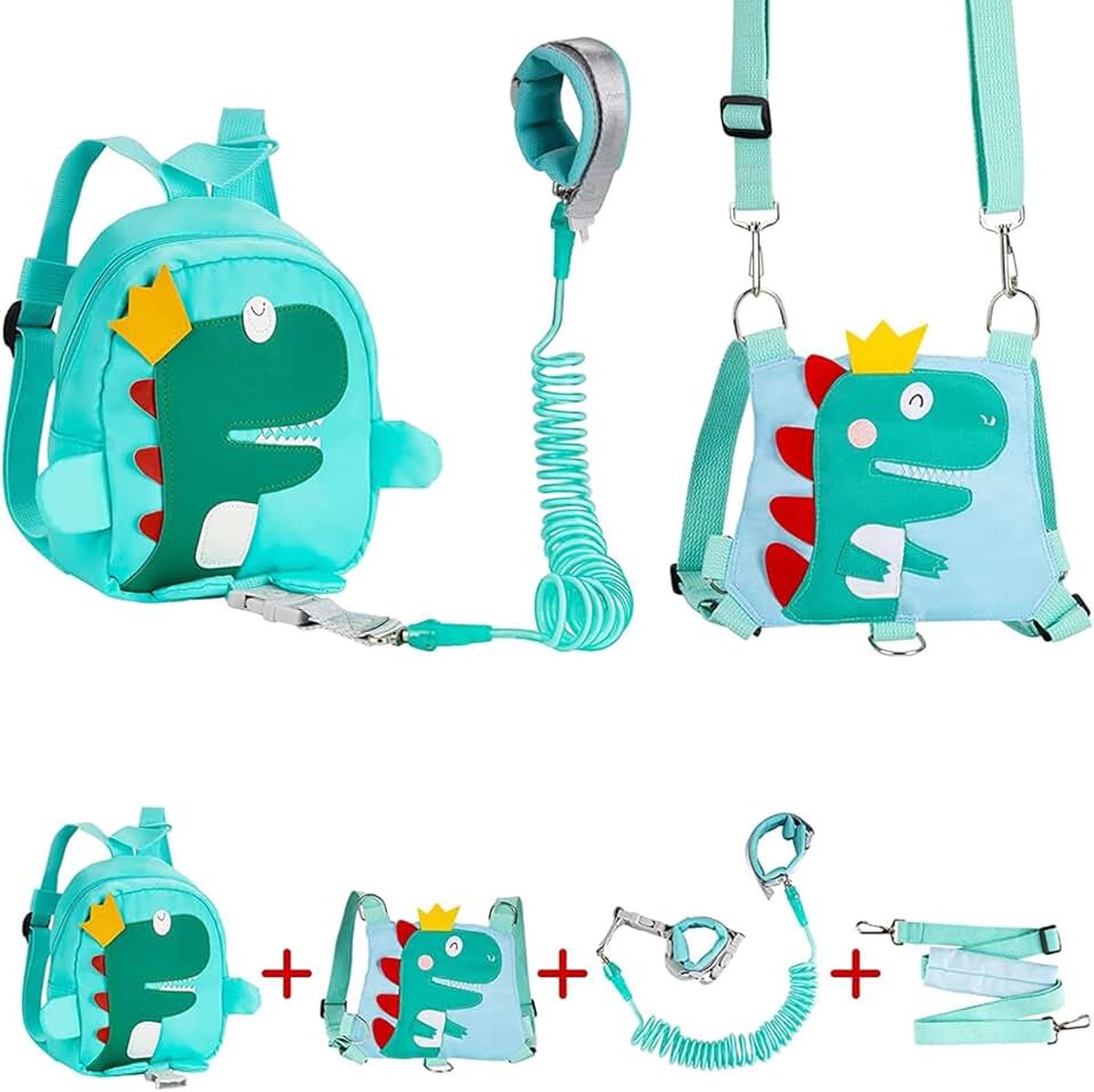 Veiligheidsharnassen voor baby's, 4-in-1 babywandelharnas, 360° draaibare anti-verlies polsschakelriem, dinosaurus peuterrugzak met teugels, veiligheidslijn voor kinderen die buiten lopen en