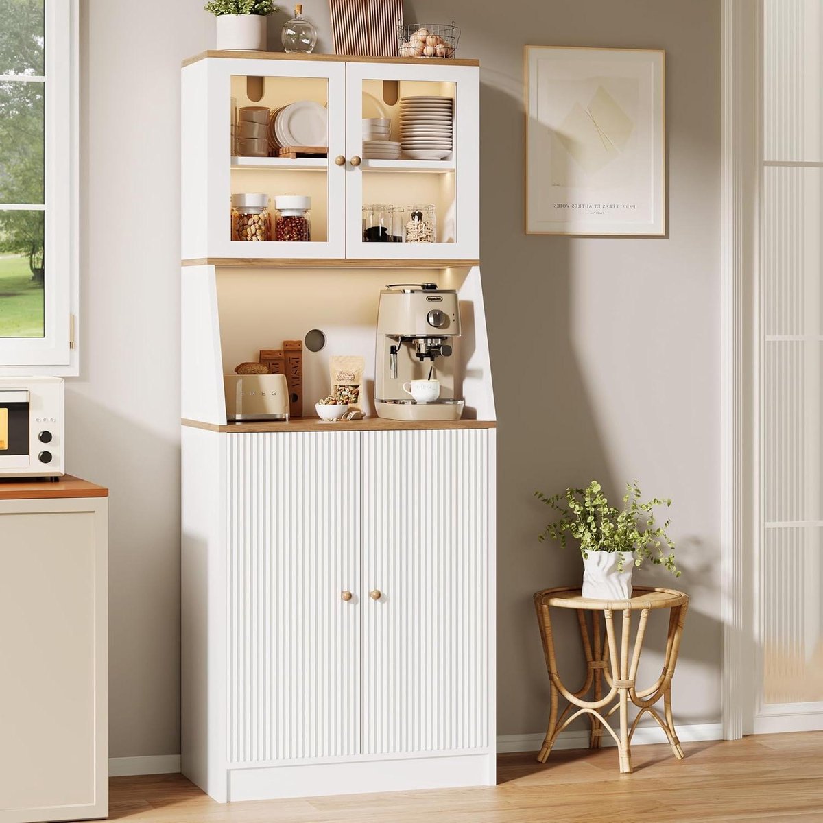 Keuken Hoge Kast - Buffetkast Woonkamer - Keuken Organisatie - Geïntegreerd LED Licht - 180 cm - Wit Eiken
