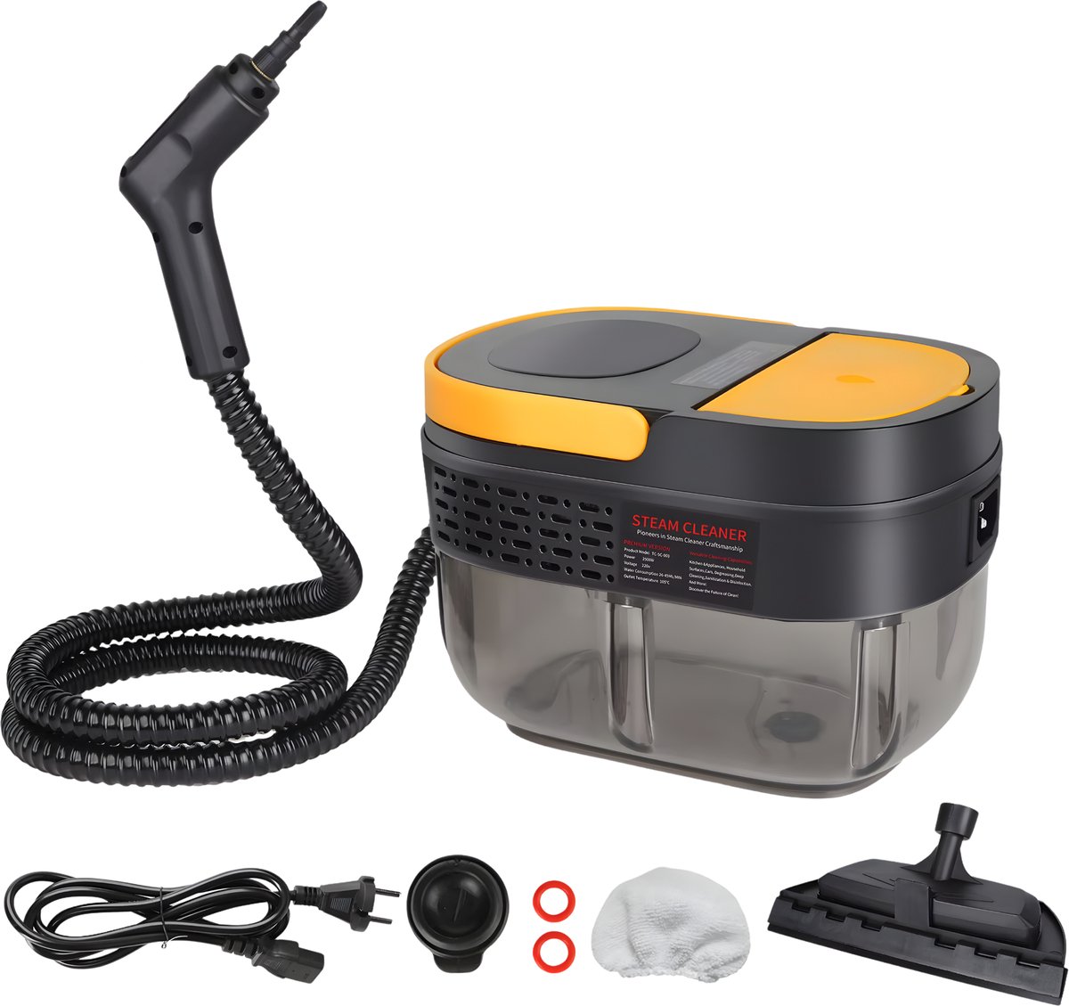 Stoomreiniger – Voor huishoudelijk gebruik / keuken, tapijt, vloer, bank, auto – Hoge temperatuur, 1600 ml tank, 2500 W, snoergebonden elektrische reinigingsmachine – Geel