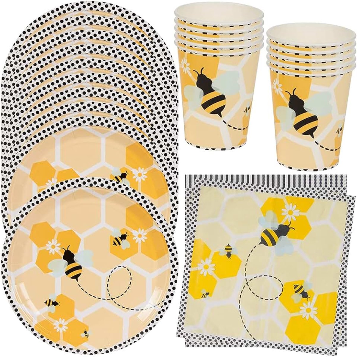 Kinderverjaardag, decoratie, bijen, verjaardagsfeest, servies, papieren borden, bekers, servetten, verjaardagsfeest, bruiloft, babyshower, tafeldecoratie, set voor 10