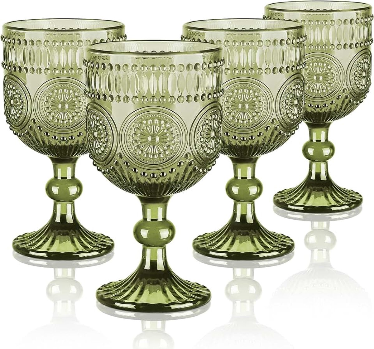 350 ml groene vintage glazen wijnbeker, romantische zonnebloem reliëf drinkglazen, zware stengel wijnglazen voor kerstfeest bruiloft tafel decor, set van 4, vaatwasmachinebestendig
