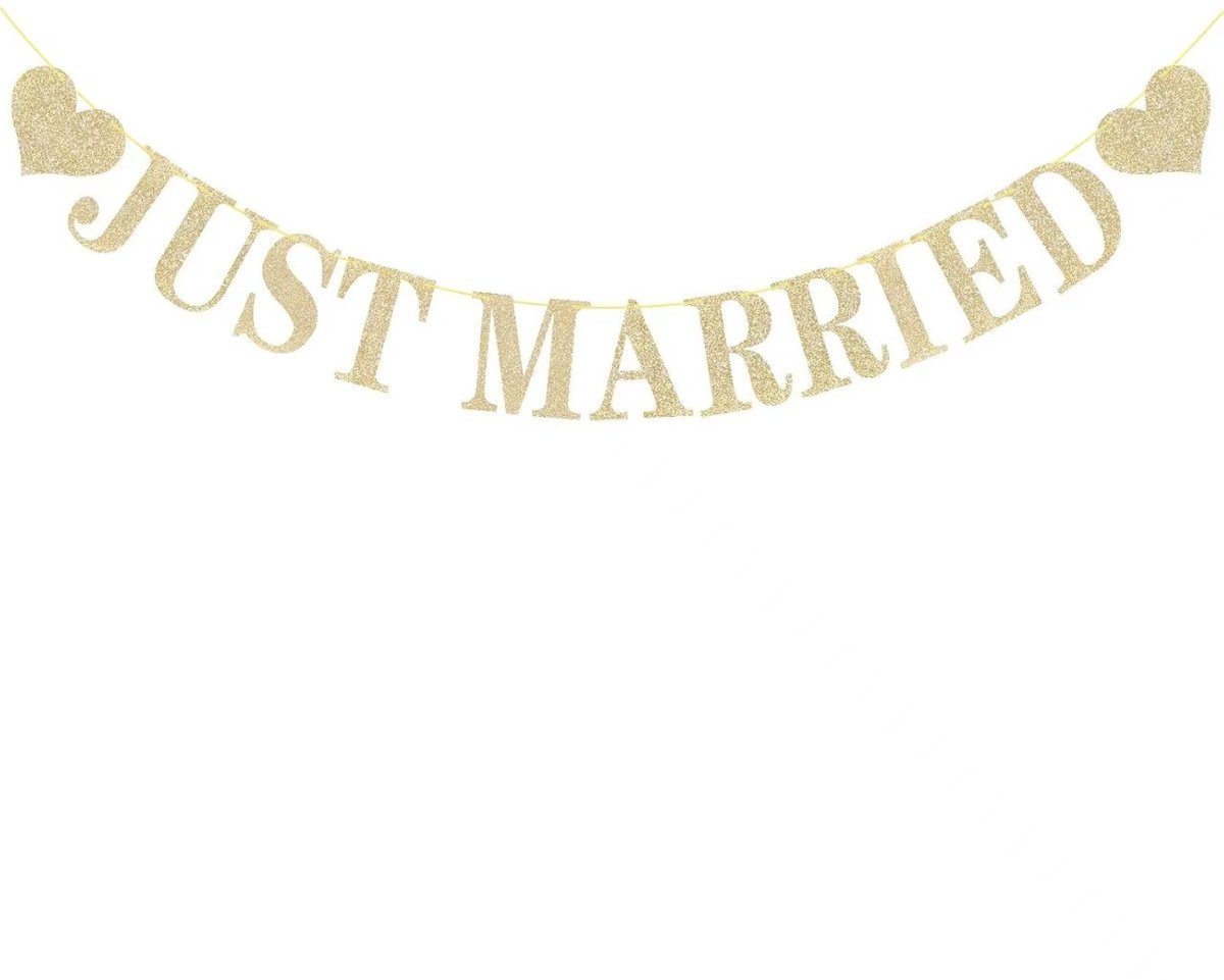Huwelijksdecoratie - Glitter Letters en Harten voorgeknoopt - Just Married Slinger - Geschikt voor Bruiloftsfeest - Romantische Bannière - Trouwdecoratie - Feestaccessoires - 1.2 m