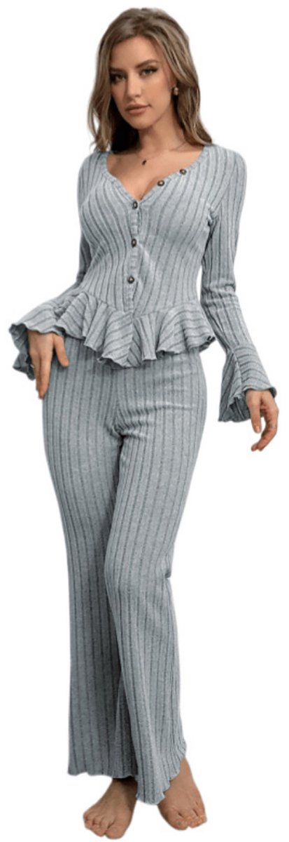 Dames Ribgebreide Loungeset 2-delig Herfst/Winter Outfit Casual Knopen Peplum Top en Flare Broek