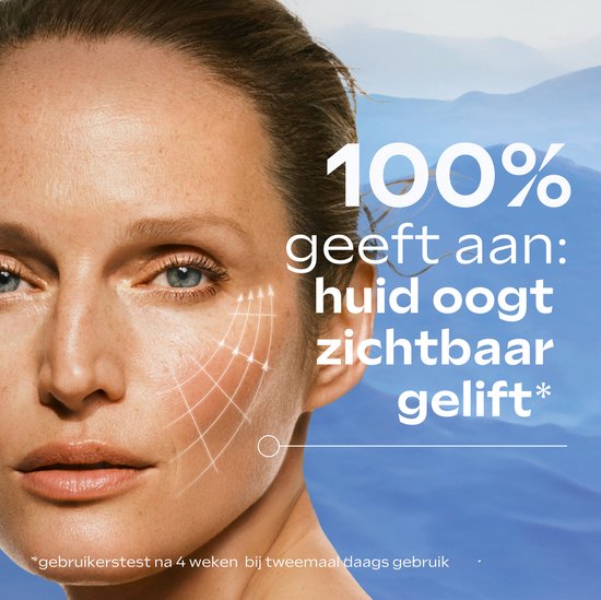 Gezichtsvrouw met rasterlijnen die lifteffect aangeven. Tekst: 100% geeft aan: huid oogt zichtbaar gelift.