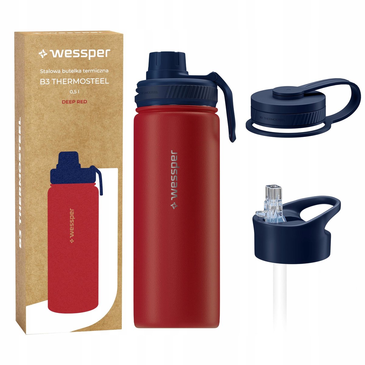 Wessper B3 Thermosteel Thermosfles Rood 0.5L - 3 Doppen