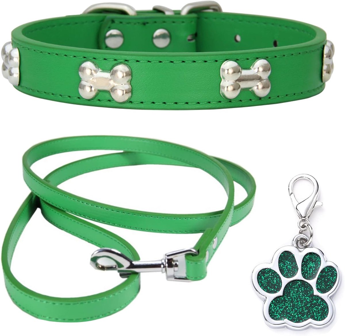 SnelShoppen - Hondhalsband Leer met Hondentuig Combo Set Verstelbare Puppy Halsband voor Kleine en Middelgrote Honden en Katten, Groen, XS