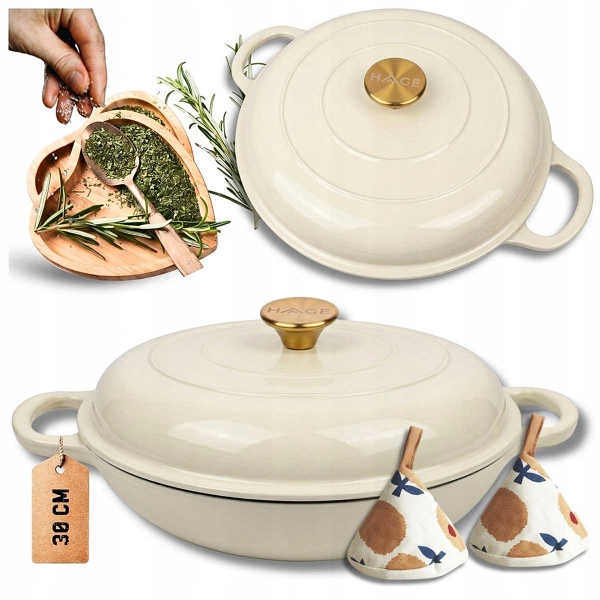 Hage - Braadpan - Lage Gietijzeren Braadpan met Deksel - Geëmailleerd - Oven & Inductie Geschikt - Voor Braden, Stoven en Ovenschotels - 3 Liters - 40.5 x 30 x 10.5 cm - Crème