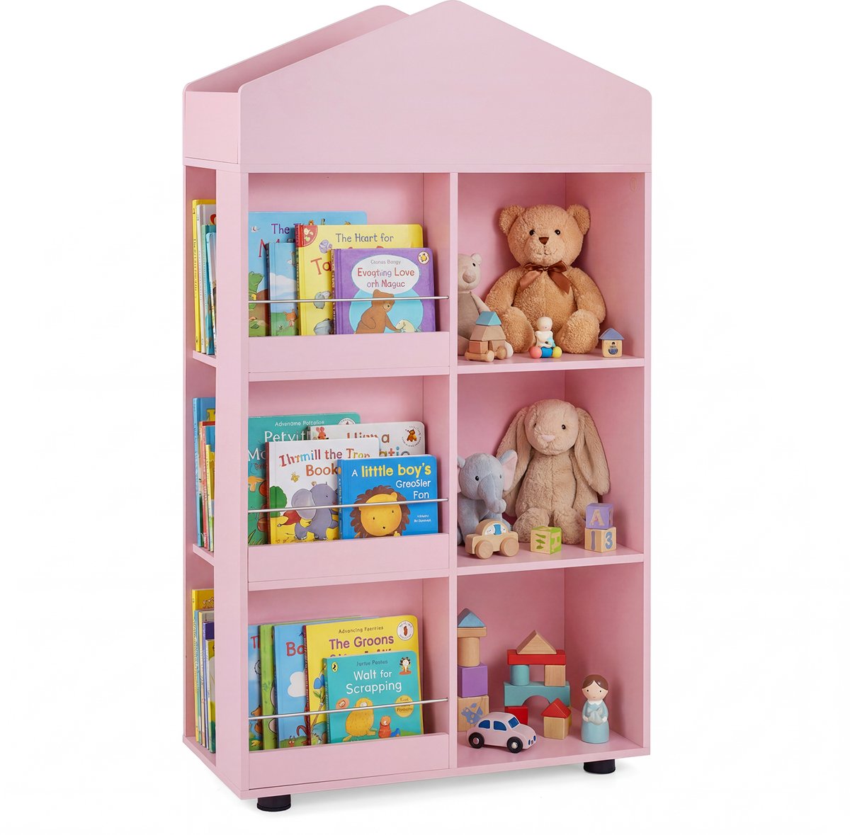 COSTWAY Boekenplank Kinderen in Huisvorm, Kinderplank met 6 Vakken, 3 Zijvakken & Bovenvak, Speelgoedplank Montessori, Kinderboekenplank van Hout voor Kinderkamer, 64 x 30 x 116 cm (Roze)