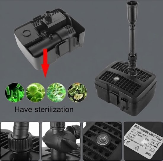 Zwart vijverfilter met UV-C lamp en sproeier. 'Have sterilization'.