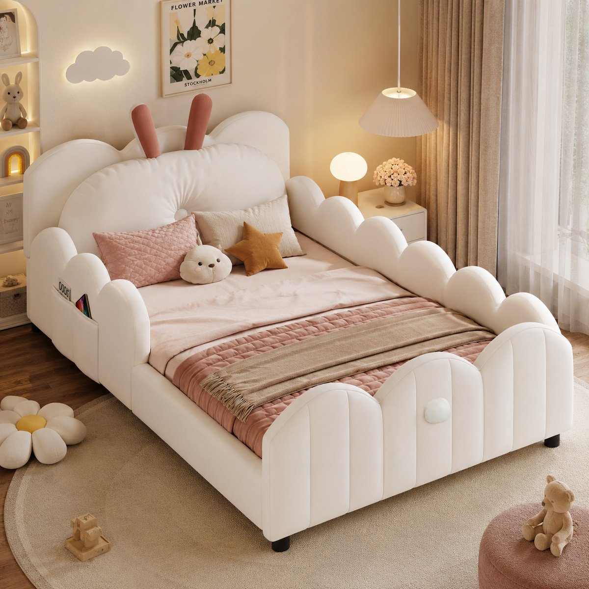 Kinderbed 90x200 cm - Eenpersoonsbed - Gestoffeerd bed - Met hoofdbord - Met veiligheidsreling - Kussen in de vorm van een konijn - Zacht en comfortabel - Stabiel & duurzaam - Snel Gemonteerd - Beige