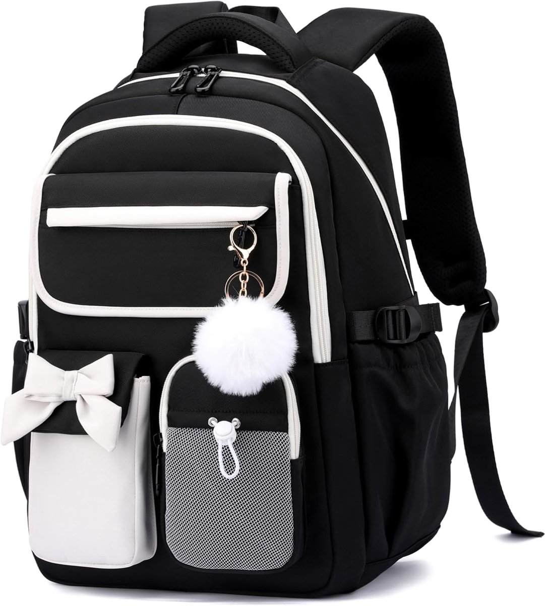 Schattige Zwart-Witte Strik Meisjes Rugzak met Pluizige Pom Pom Sierhanger - Lichtgewicht Waterafstotende Nylon Schoolrugzak voor Tiener Meisjes - Grote Inhoud Meervaks Studententas voor Middelbare School