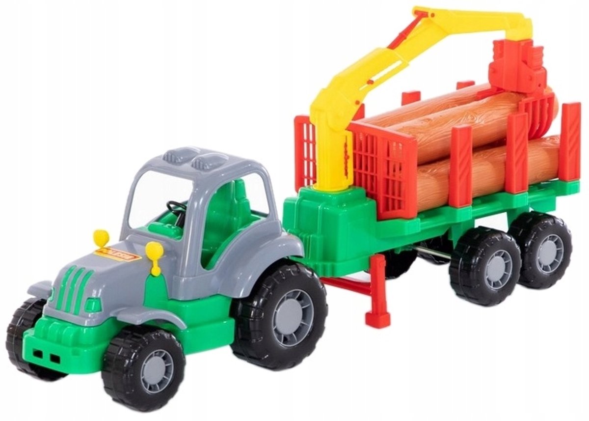 Grote Houten Transporttrekker met Aanhanger en Houtblokken