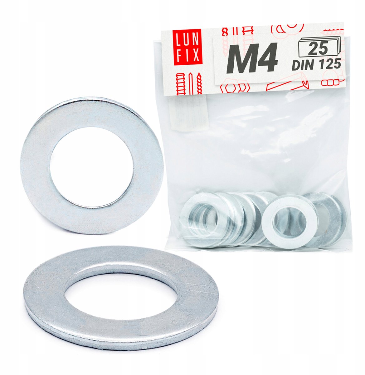 LUN FIX - Platte sluitring M4 verzinkt DIN 125 - 25 stuks