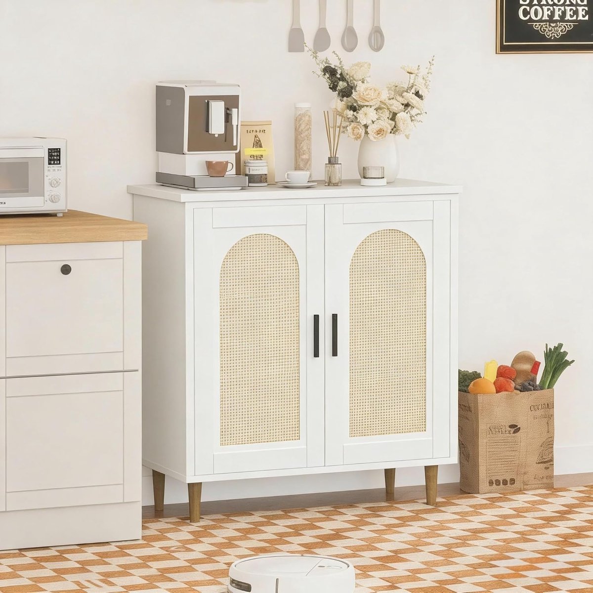 Triumpunpre - Dressoir Buffetkast Opbergmeubel van rieten verstelbare planken - laden met massief houten poten - voor woonkamer, gang en keuken - Wit
