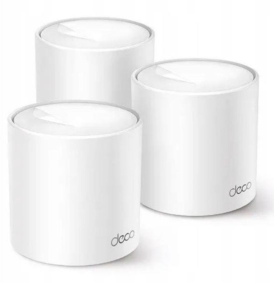 Drie witte TP-Link Deco X10 mesh WiFi-units, rond met logo aan de zijkant.