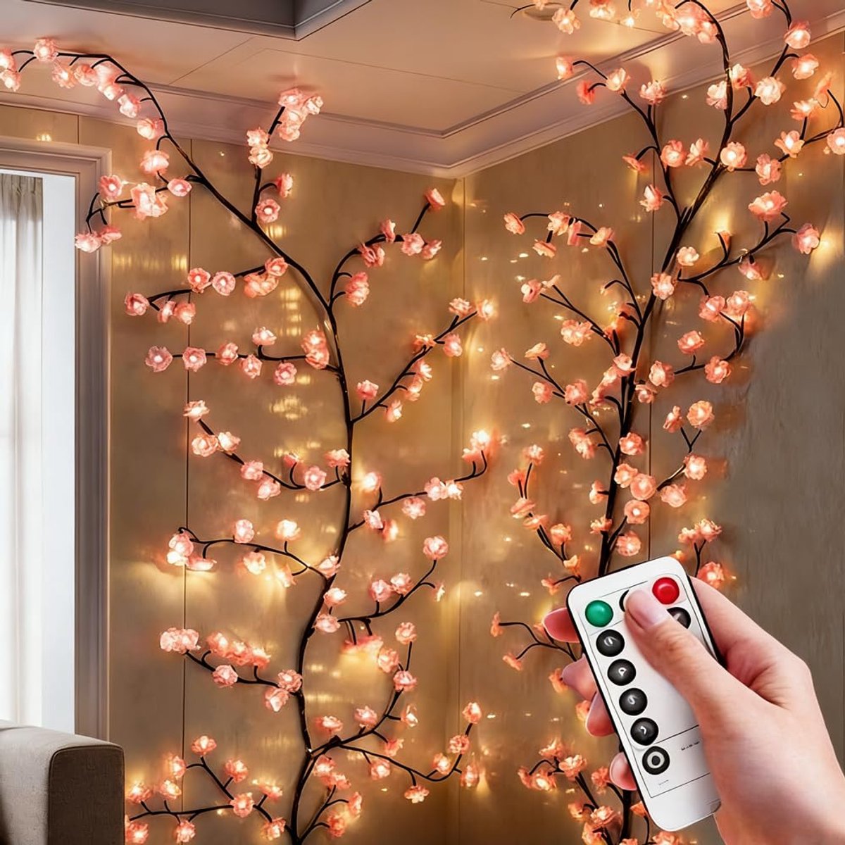 Kersenbloesemlamp - 120 cm met afstandsbediening 48 LED takjes wandmontage 8 lichtstanden timer flexibele doe-het-zelf interieurdecoratie