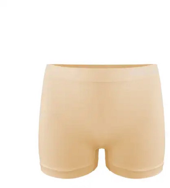 Een huidkleurige, naadloze short met logo op de tailleband.