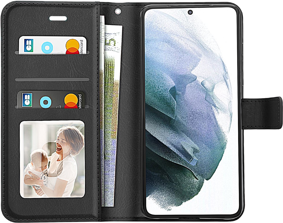 Mayaxess, Portemonnee Hoesje geschikt voor Samsung Galaxy S21 met Draagkoord, Zwart