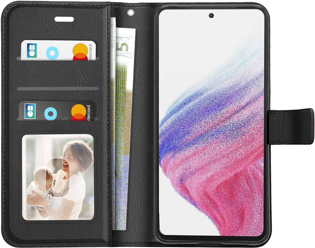Mayaxess, Portemonnee Hoesje Geschikt voor Samsung Galaxy A53 5G met Polsbandje en Standaard, Zwart
