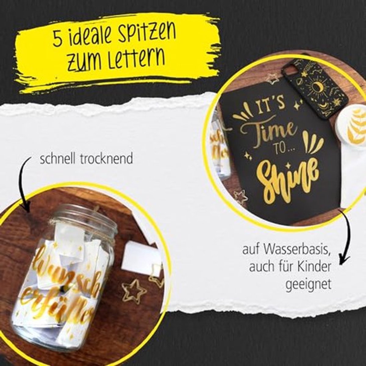 Set van 5 Gouden Acryl Stiften voor Handlettering en Kalligrafie