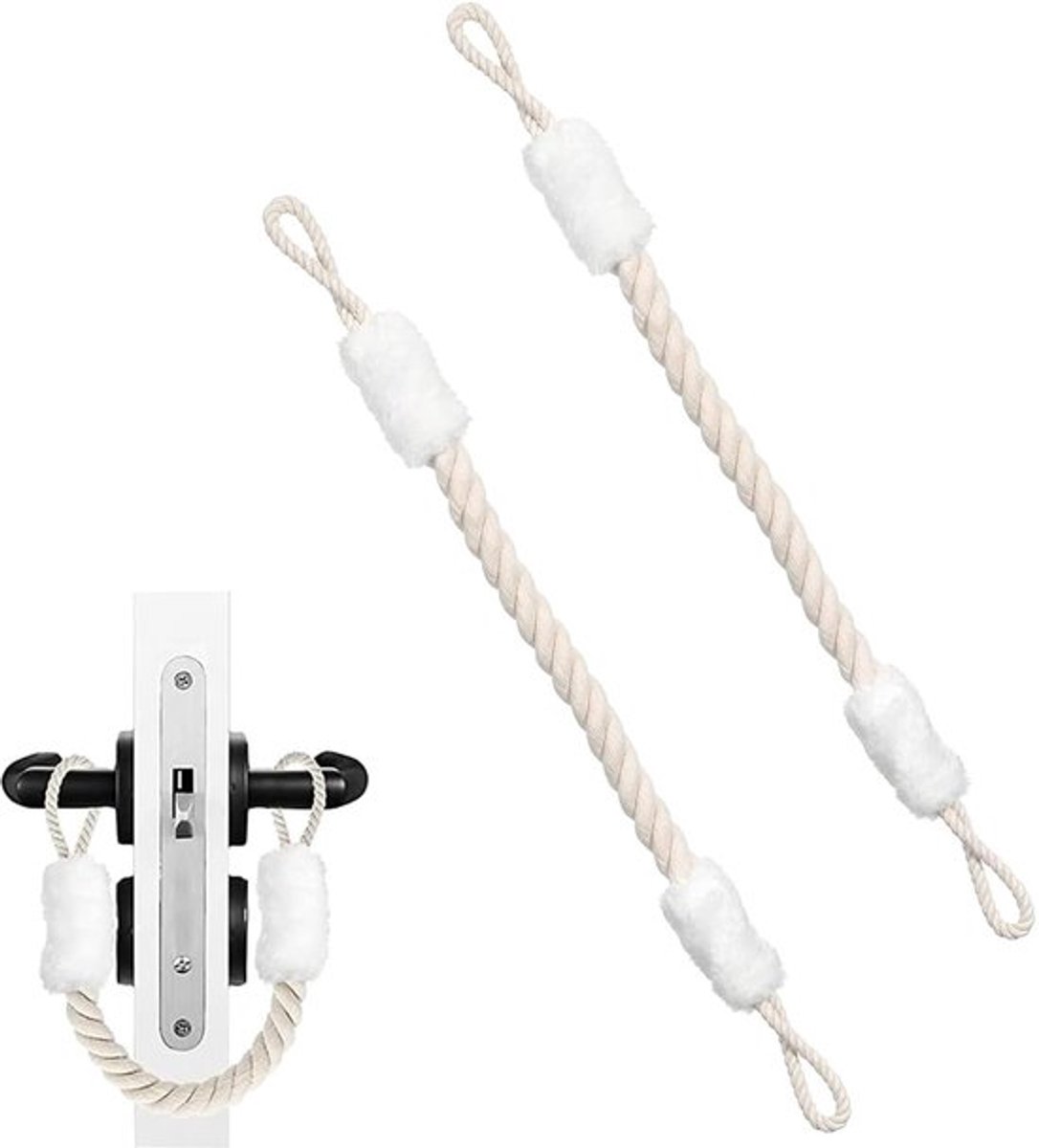 Deurkoord klembescherming deurstopper klink katoen voor huisdieren en kinderen - Vingerbescherming - Stof deurtouw 60 cm wit 2 stuks