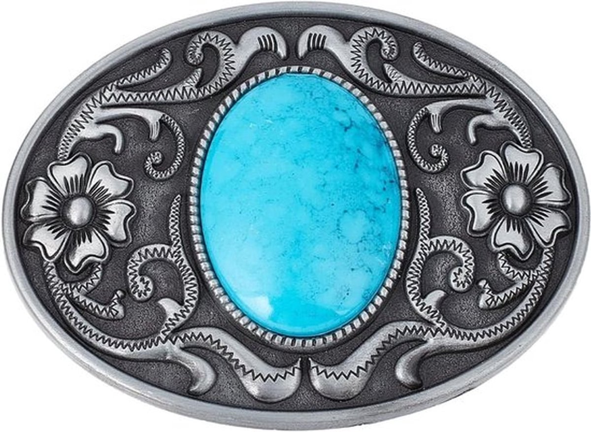 - riemgespen voor mannen - Amerikaanse cowboy stijl - vintage turquoise gesp - ovaal met bloem - geschikt voor heren riem - antiek zilver - western stijl produkten met turquoise steen
