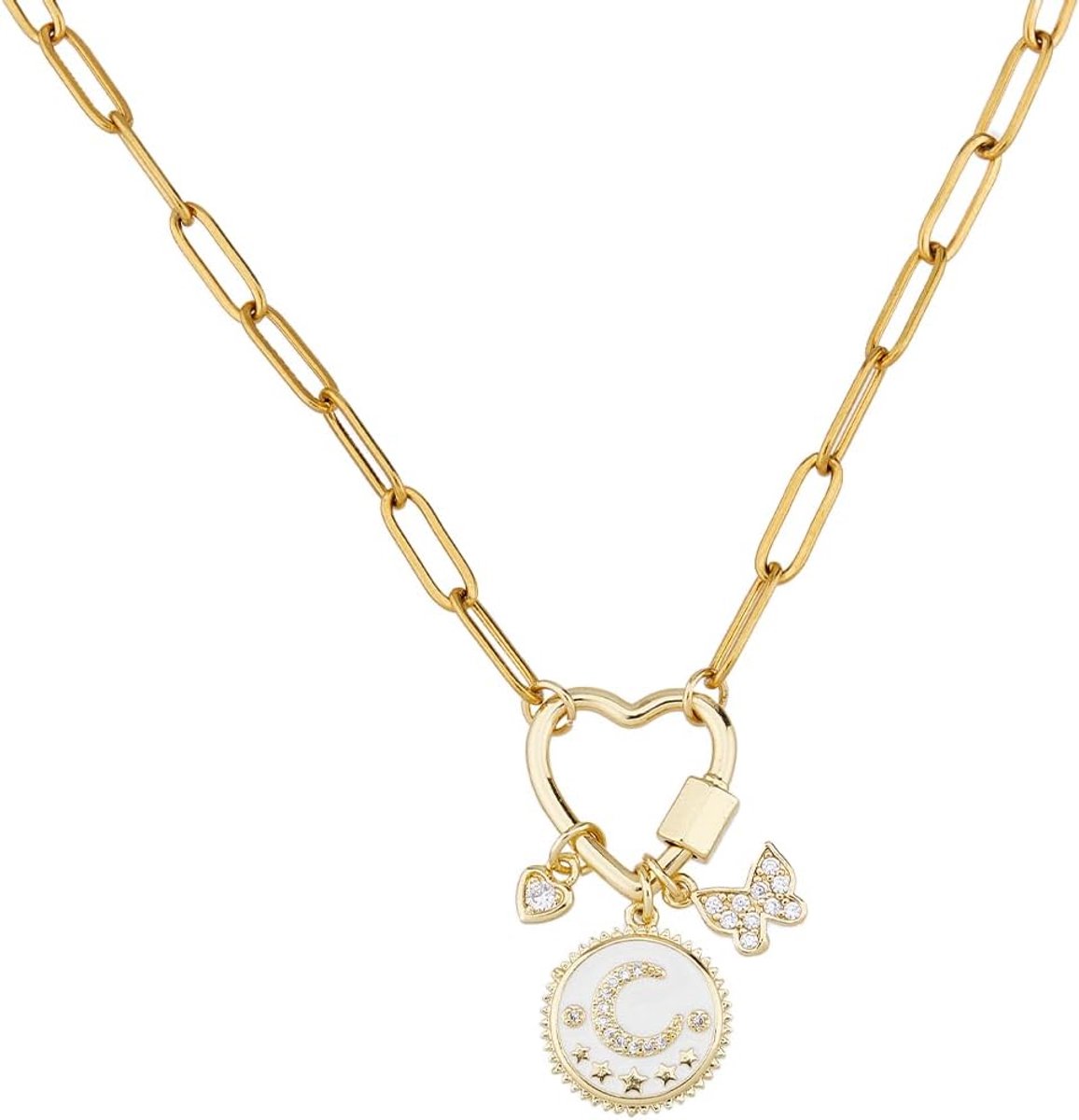 1Pc Gouden Charm Ketting 48cm Paperclip Ketting Kettingen met Verwijderbare Charms Emaille Maan Vlinder Hart Hanger met Schroef Karabijnhaak Lock Kettingen voor Vrouwen Dames