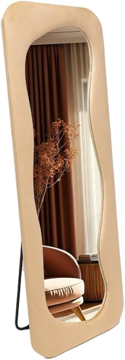 Gestoffeerde Staande Spiegel Curvy - Assymetrische Organische Passpiegel Suede Velvet - 60x160 - Taupe